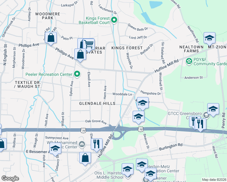 map of restaurants, bars, coffee shops, grocery stores, and more near 1106 Valley View Street in Greensboro
