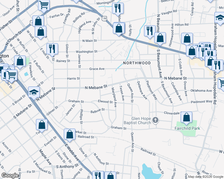 map of restaurants, bars, coffee shops, grocery stores, and more near 1025 Alden Street in Burlington