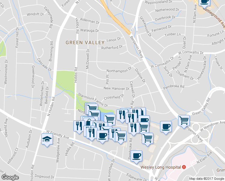 map of restaurants, bars, coffee shops, grocery stores, and more near 2919 New Hanover Drive in Greensboro