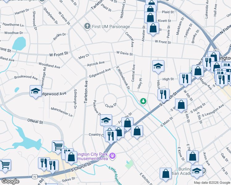map of restaurants, bars, coffee shops, grocery stores, and more near 508 Circle Drive in Burlington