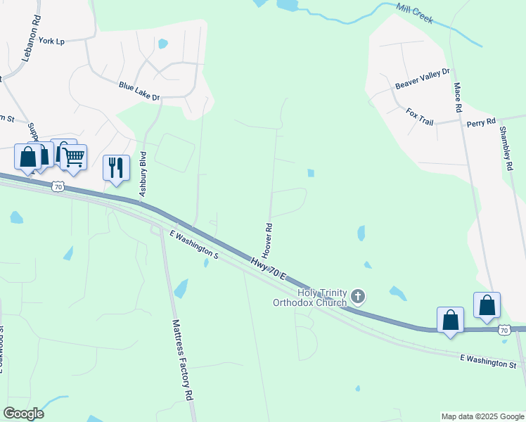 map of restaurants, bars, coffee shops, grocery stores, and more near 208 Hoover Road in Mebane