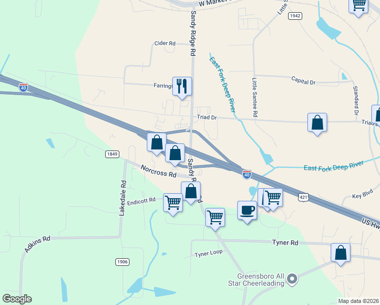 map of restaurants, bars, coffee shops, grocery stores, and more near Interstate 40 in Guilford