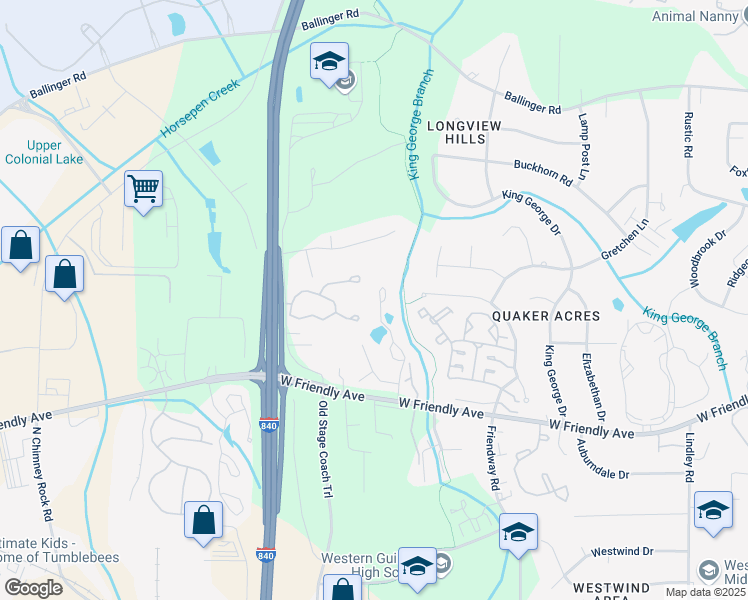 map of restaurants, bars, coffee shops, grocery stores, and more near 807 Carriage Crossing Lane in Greensboro