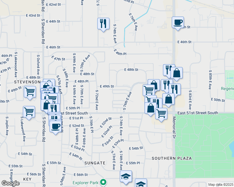 map of restaurants, bars, coffee shops, grocery stores, and more near 7321 East 49th Place in Tulsa