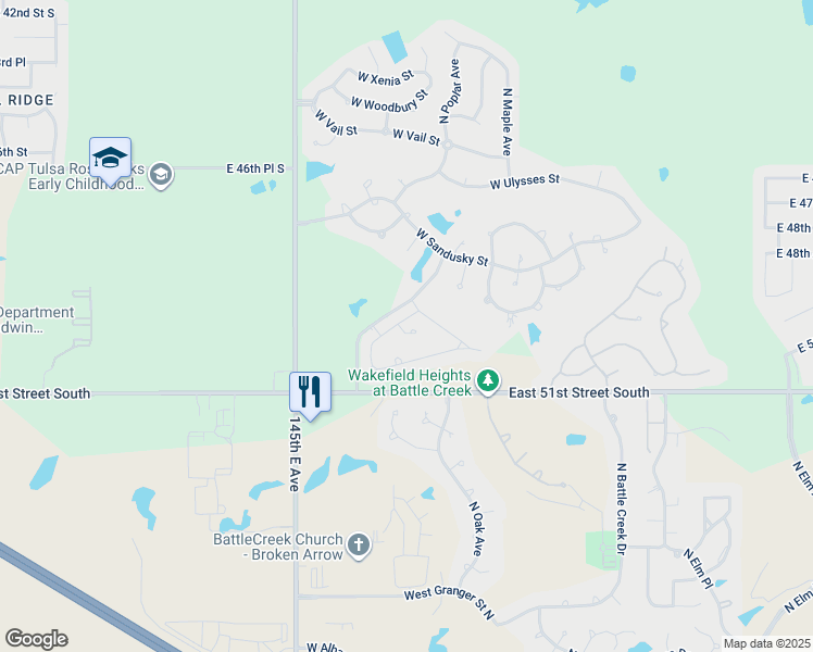 map of restaurants, bars, coffee shops, grocery stores, and more near 1711 West Plymouth Place in Broken Arrow