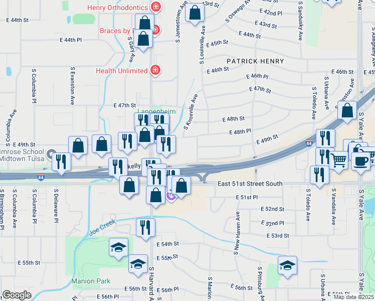 map of restaurants, bars, coffee shops, grocery stores, and more near 3377 East Skelly Drive in Tulsa