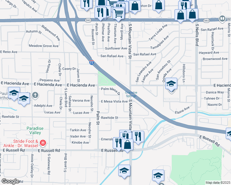map of restaurants, bars, coffee shops, grocery stores, and more near 4515 Palm Grove Drive in Las Vegas