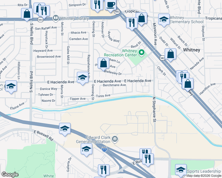 map of restaurants, bars, coffee shops, grocery stores, and more near 5380 Tunis Circle in Las Vegas