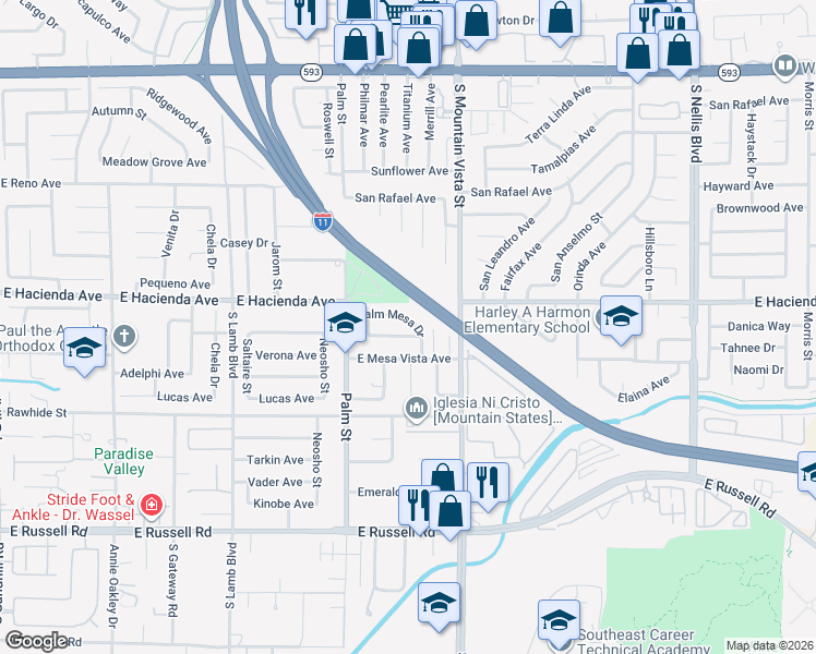 map of restaurants, bars, coffee shops, grocery stores, and more near 4515 Palm Grove Drive in Las Vegas