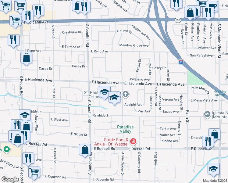 map of restaurants, bars, coffee shops, grocery stores, and more near 5378 Pistolera Circle in Las Vegas