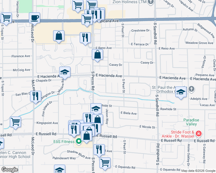 map of restaurants, bars, coffee shops, grocery stores, and more near 5394 South Modena Drive in Las Vegas