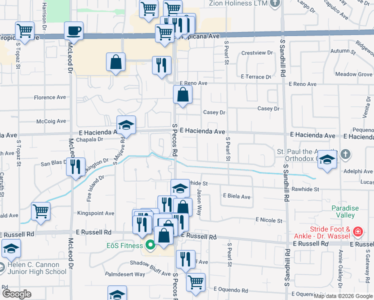 map of restaurants, bars, coffee shops, grocery stores, and more near 5394 South Modena Drive in Las Vegas