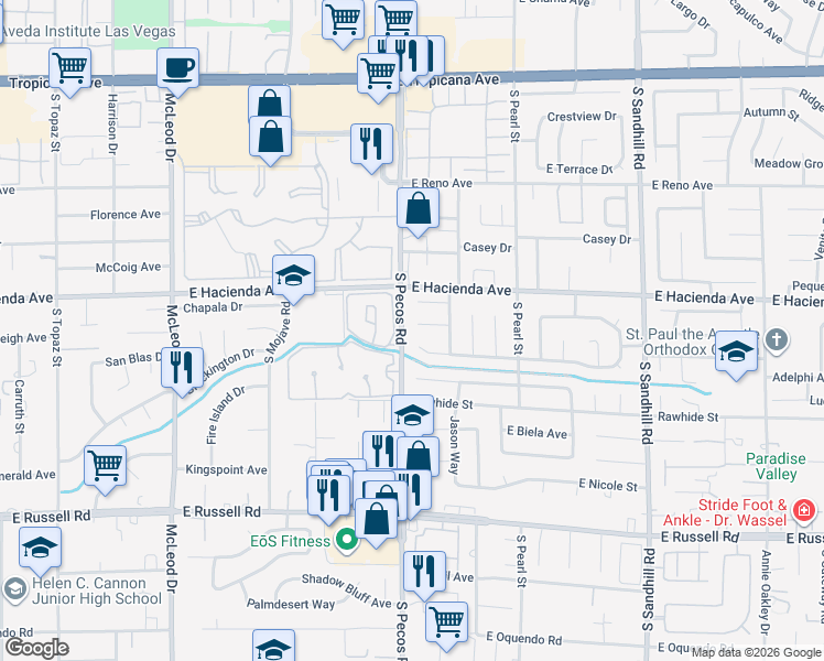 map of restaurants, bars, coffee shops, grocery stores, and more near 3415 East Brittlewood Avenue in Las Vegas
