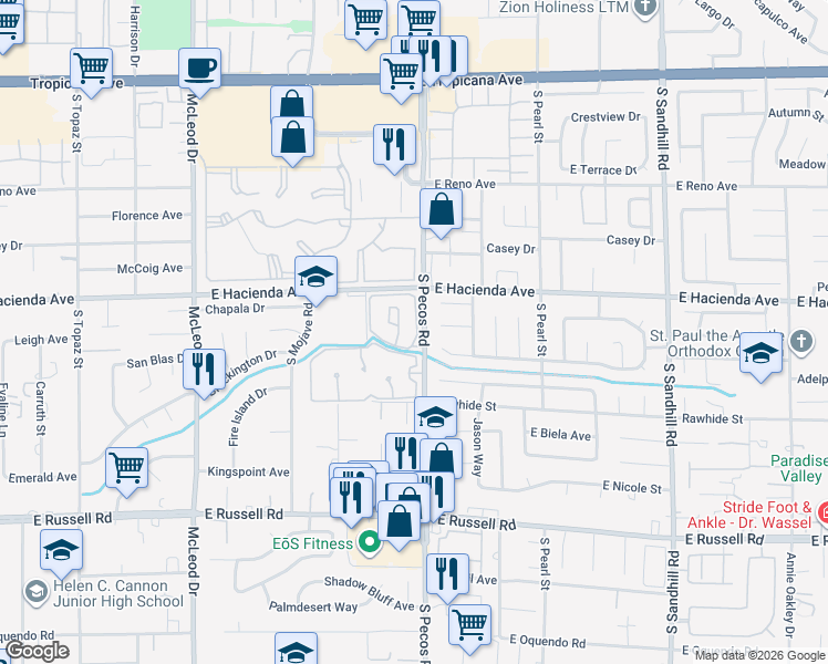 map of restaurants, bars, coffee shops, grocery stores, and more near 3415 East Brittlewood Avenue in Las Vegas
