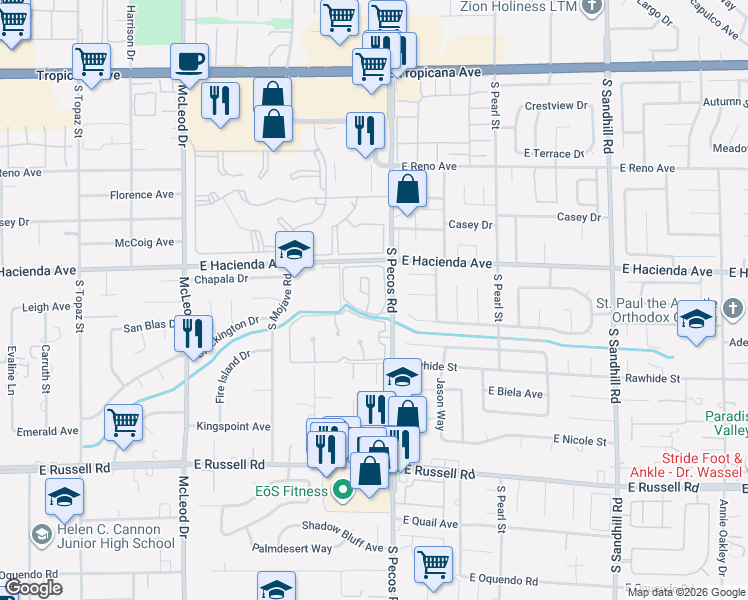 map of restaurants, bars, coffee shops, grocery stores, and more near 3230 Brookfield Drive in Las Vegas