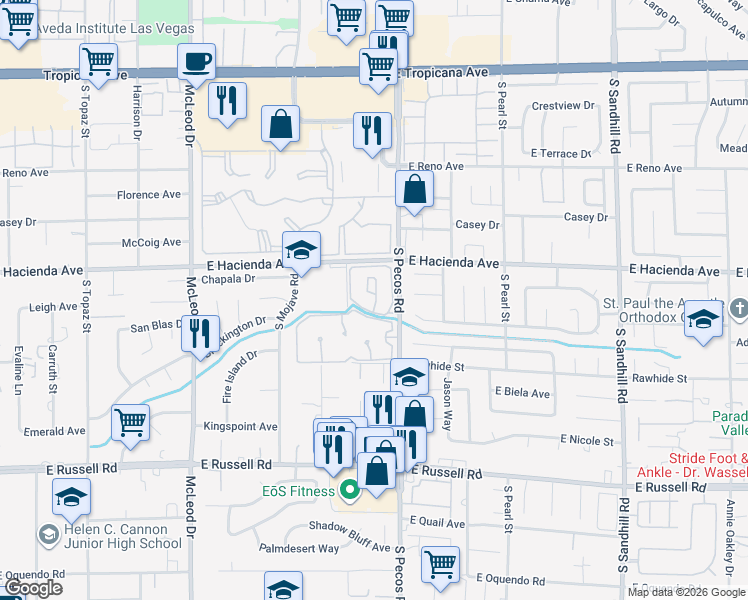 map of restaurants, bars, coffee shops, grocery stores, and more near 3230 Brookfield Drive in Las Vegas