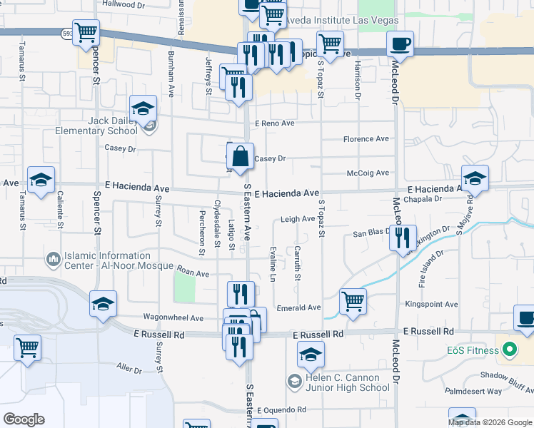 map of restaurants, bars, coffee shops, grocery stores, and more near 5391 Evaline Street in Las Vegas