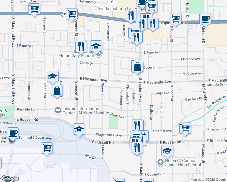 map of restaurants, bars, coffee shops, grocery stores, and more near 5401 Percheron Street in Las Vegas