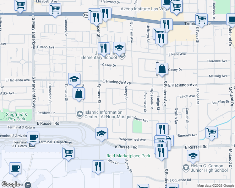 map of restaurants, bars, coffee shops, grocery stores, and more near 5390 Corral Court in Las Vegas
