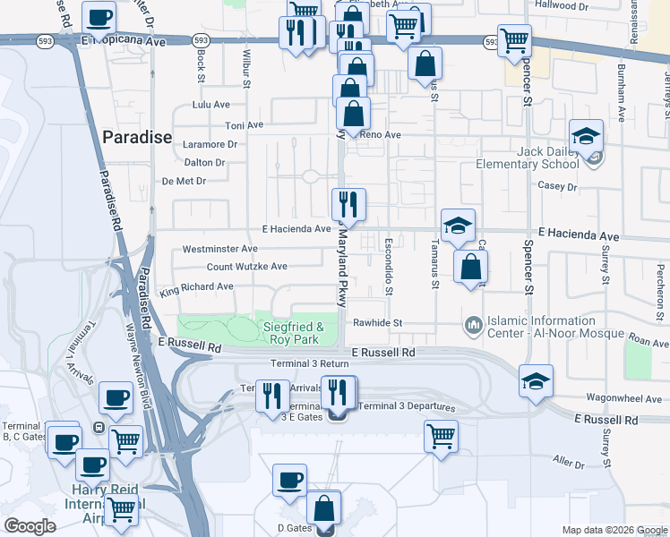 map of restaurants, bars, coffee shops, grocery stores, and more near 196 South Maryland Parkway in Las Vegas