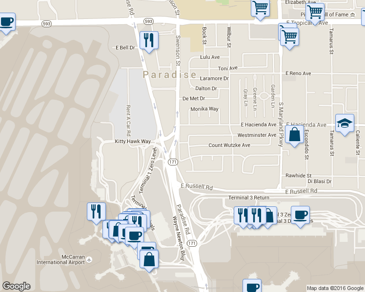 map of restaurants, bars, coffee shops, grocery stores, and more near 5407 South University Center Drive in Las Vegas