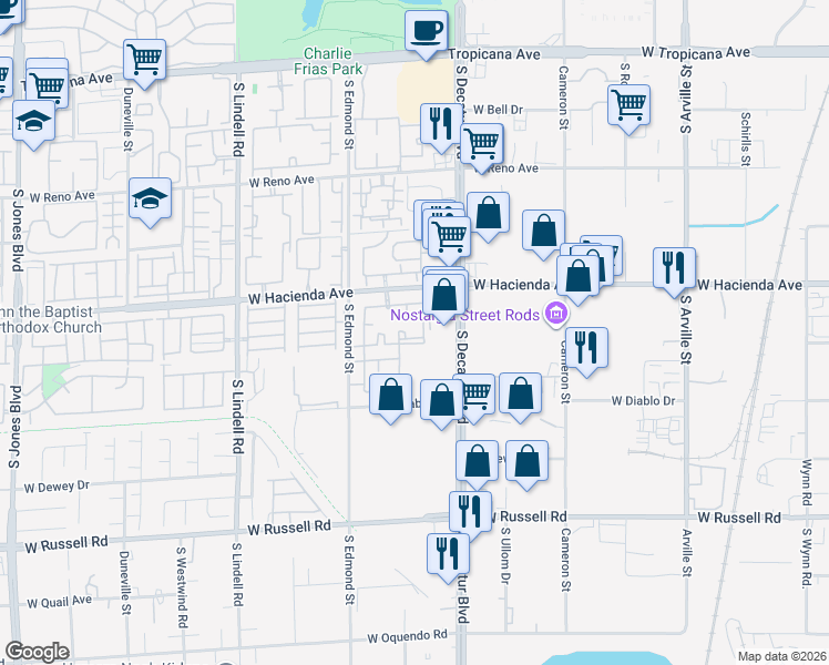 map of restaurants, bars, coffee shops, grocery stores, and more near 5375 South Decatur Boulevard in Las Vegas