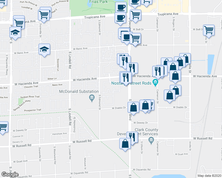 map of restaurants, bars, coffee shops, grocery stores, and more near 5055 West Hacienda Avenue in Las Vegas