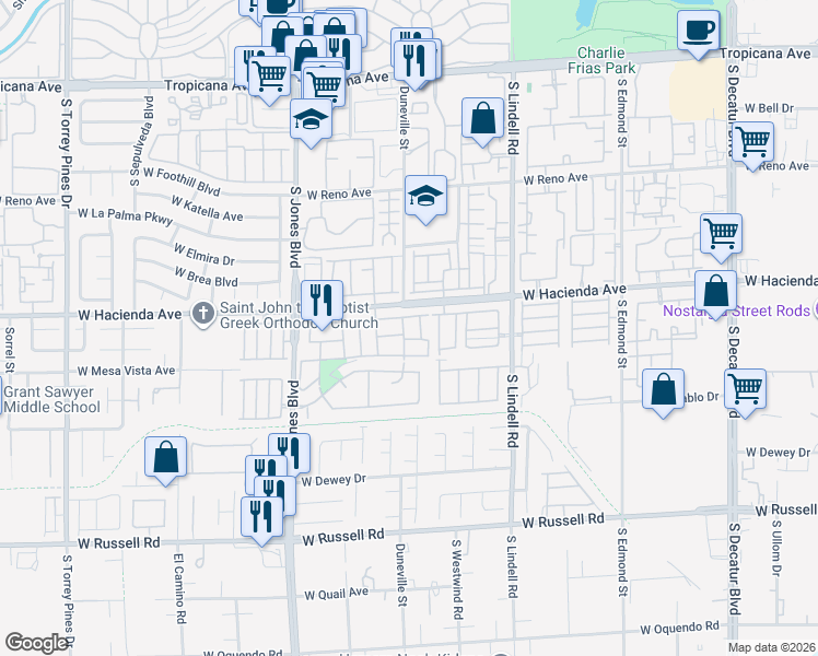 map of restaurants, bars, coffee shops, grocery stores, and more near 5812 Sunken River Trail in Las Vegas