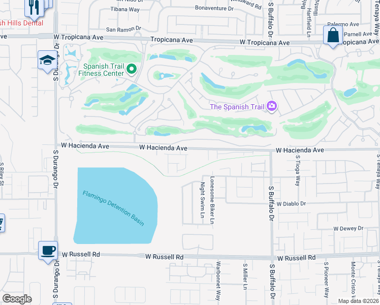map of restaurants, bars, coffee shops, grocery stores, and more near 5340 South Galanthus Street in Las Vegas