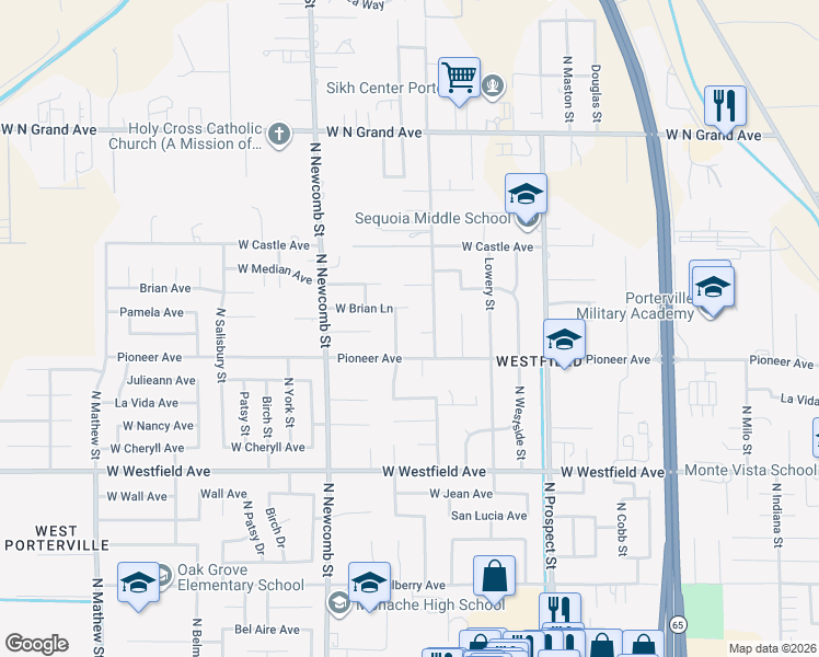 map of restaurants, bars, coffee shops, grocery stores, and more near 1430 Pioneer Avenue in Porterville
