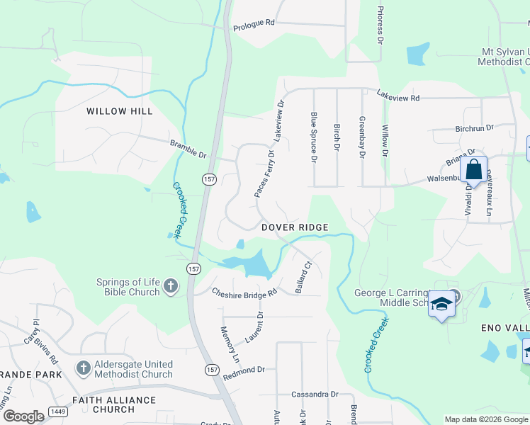map of restaurants, bars, coffee shops, grocery stores, and more near 5307 Paces Ferry Drive in Durham