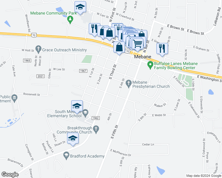 map of restaurants, bars, coffee shops, grocery stores, and more near 416 S 4th St in Mebane