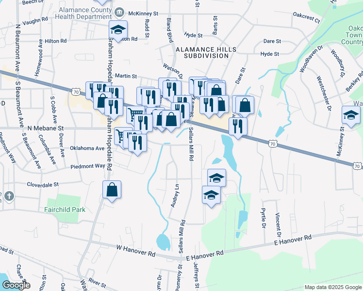 map of restaurants, bars, coffee shops, grocery stores, and more near 604 S Sellars Mill Rd in Burlington