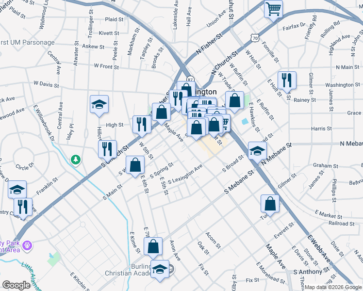 map of restaurants, bars, coffee shops, grocery stores, and more near 208 Maple Avenue in Burlington