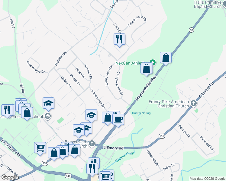 map of restaurants, bars, coffee shops, grocery stores, and more near 7508 Scenic View Drive in Knoxville