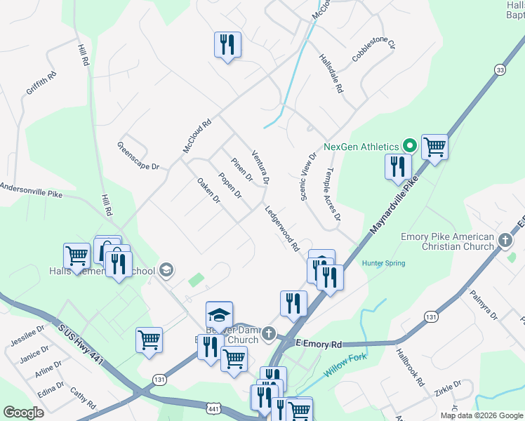 map of restaurants, bars, coffee shops, grocery stores, and more near 4328 Ventura Drive in Knoxville