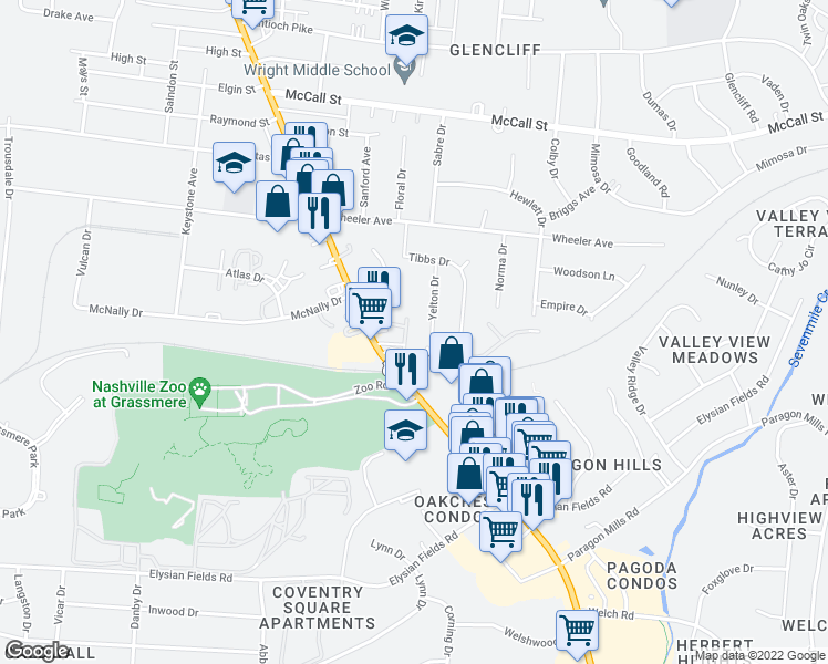 map of restaurants, bars, coffee shops, grocery stores, and more near 3748 Tennessee 11 in Nashville