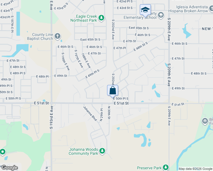 map of restaurants, bars, coffee shops, grocery stores, and more near 5017 South 197th East Avenue in Broken Arrow