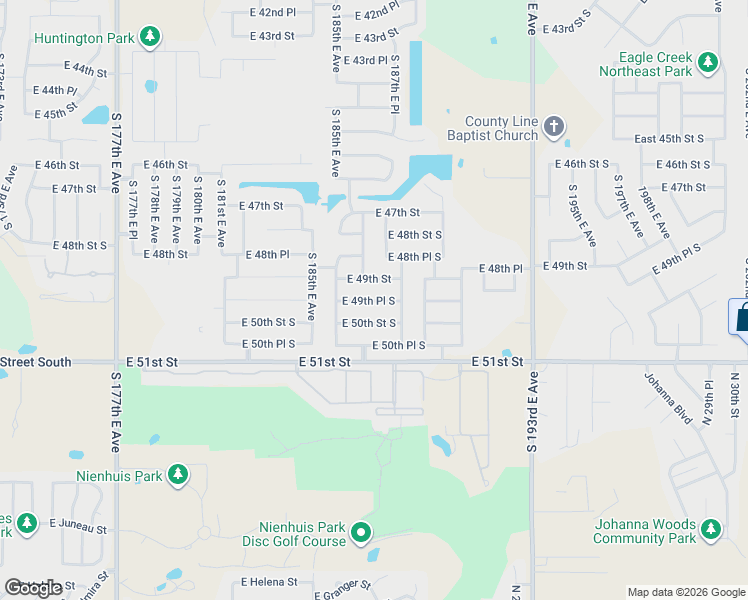 map of restaurants, bars, coffee shops, grocery stores, and more near 18701 East 50th Street South in Tulsa