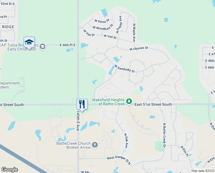 map of restaurants, bars, coffee shops, grocery stores, and more near 1711 West Plymouth Place in Broken Arrow