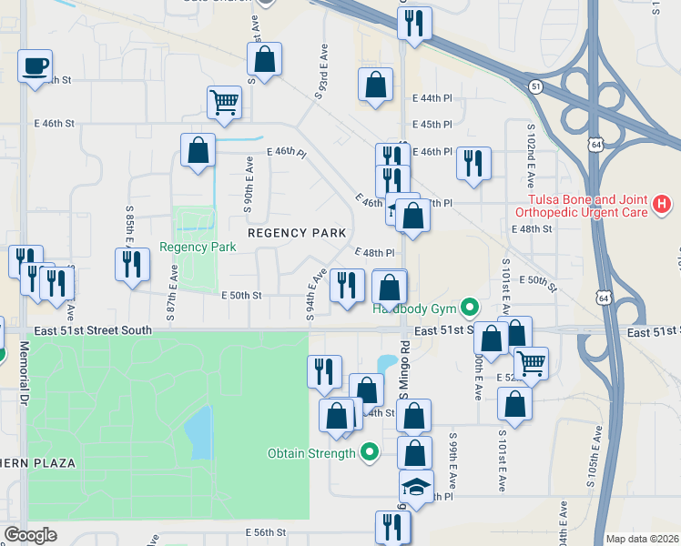 map of restaurants, bars, coffee shops, grocery stores, and more near 9433 East 51st Street South in Tulsa