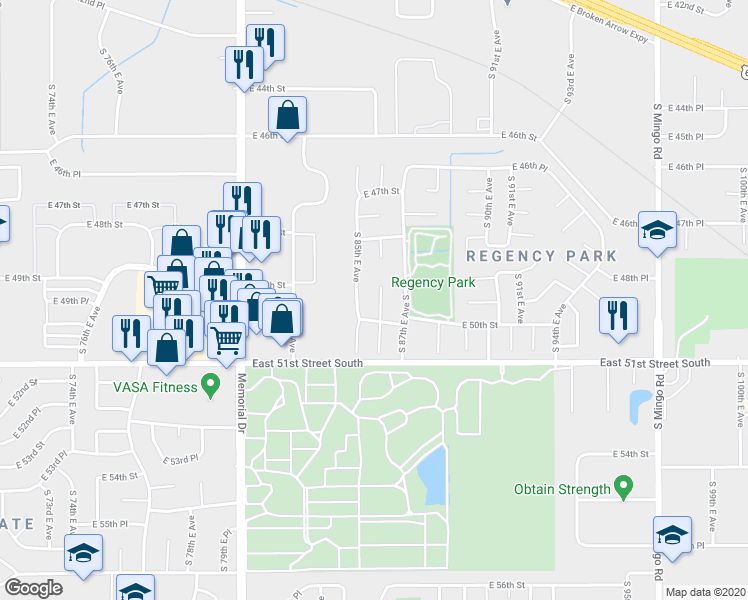 map of restaurants, bars, coffee shops, grocery stores, and more near 8506 East 50th Street in Tulsa