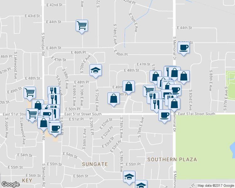 map of restaurants, bars, coffee shops, grocery stores, and more near 7323 East 50th Street in Tulsa