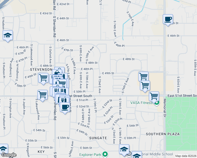 map of restaurants, bars, coffee shops, grocery stores, and more near 4855 South 71st East Avenue in Tulsa