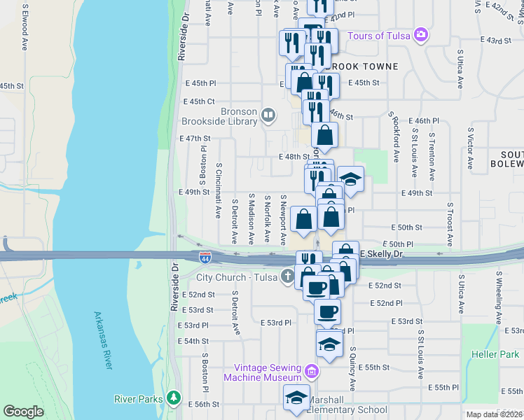 map of restaurants, bars, coffee shops, grocery stores, and more near 4942 South Norfolk Avenue in Tulsa