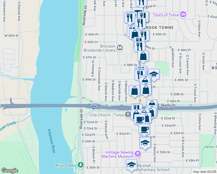 map of restaurants, bars, coffee shops, grocery stores, and more near 4941 South Detroit Avenue in Tulsa