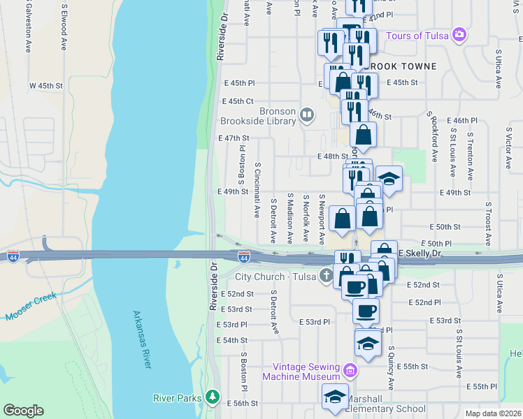 map of restaurants, bars, coffee shops, grocery stores, and more near 4942 South Cincinnati Avenue in Tulsa