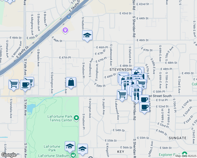 map of restaurants, bars, coffee shops, grocery stores, and more near 5849 East 50th Street in Tulsa