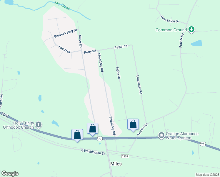 map of restaurants, bars, coffee shops, grocery stores, and more near 409 Shambley Road in Mebane