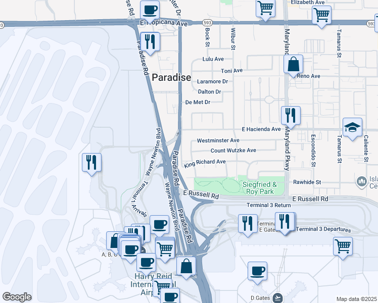 map of restaurants, bars, coffee shops, grocery stores, and more near 5404 South Swenson Street in Las Vegas